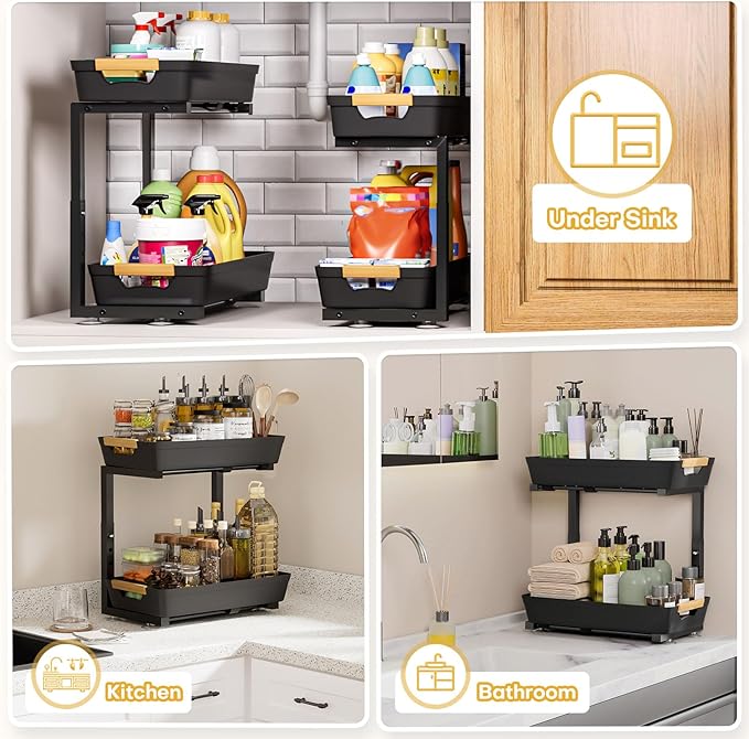 Homde 2-Tier Under Sink Organizer: 2pcs Set Adjustable Pull Out Drawer Undersink Cabinet Storage Rack for Home Kitchen Bathroom