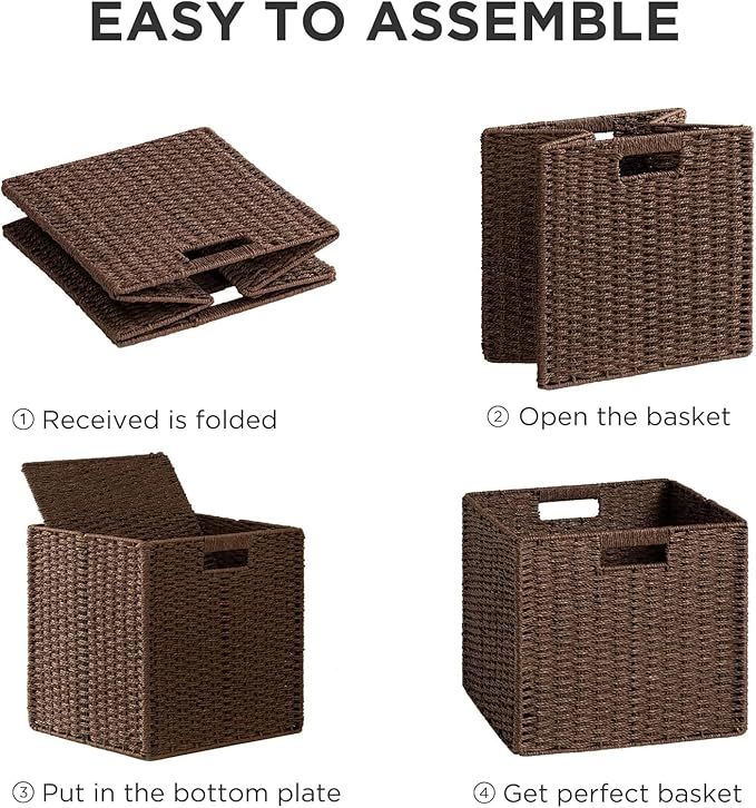 UBBCARE 2 Pack Wicker Basket, 11L×11H×10.5W inch Woven Paper Rope Storage Baskets for shelves, Foldable Cube Storage bin with Handle, Storage Basket for Organizing (Dark Brown, Cube-2pack 11")