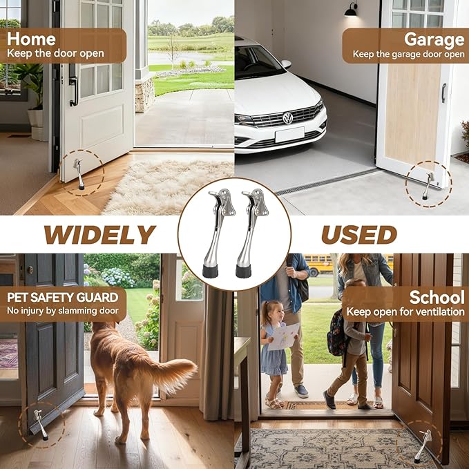 Kickdown Door Stopper 5Inches - 2 Packs One Touch Adjustable Height Door Stop for The Bottom of Door The Bottom of Door Aluminum Alloy Metal Door Stopper with Rubber Tip White
