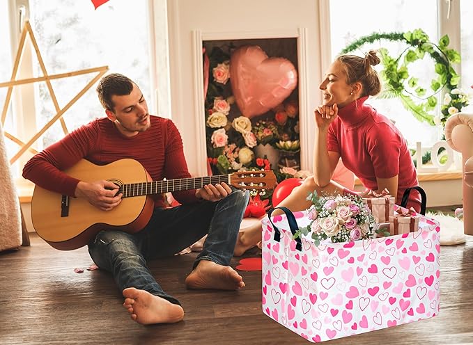 Girls Gift Basket Heart Print Storage Cube for Women, Closet Shelf Organizer Bins Empty Gift Basket with Handles Nursery hamper Kids Toys Books Box Room Deco