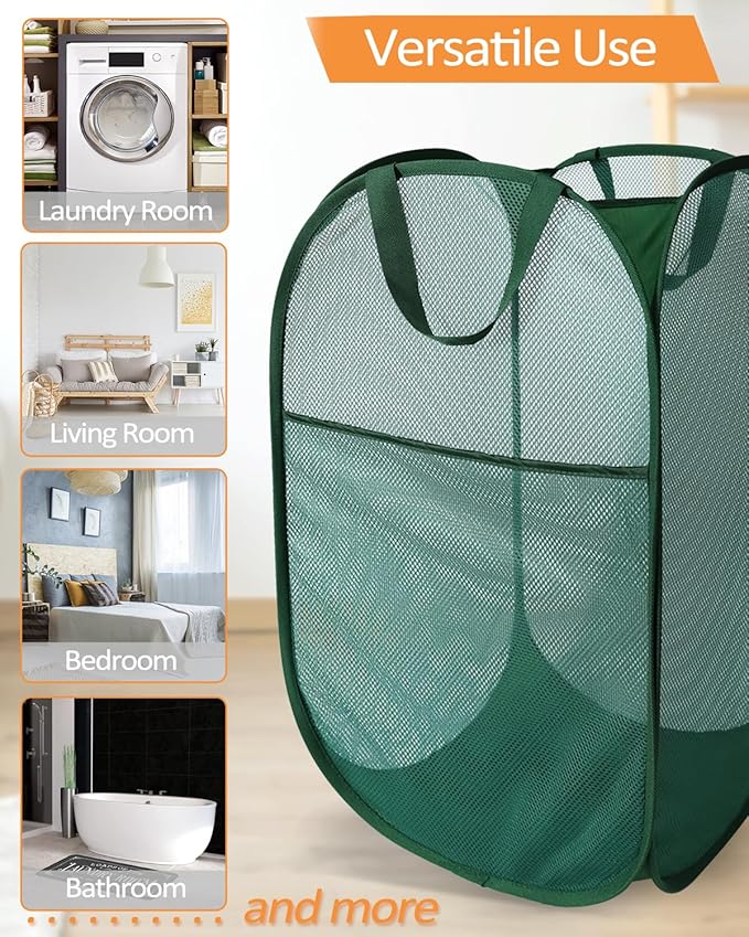 Durable Collapsible Laundry Baskets, Tear-resistant Pop Up Hamper for Laundry, Foldable Clothes Hamper with Reinforced Carry Handles Handy Pocket for Laundry Room, Bathroom, Dorm or Travel Emerald