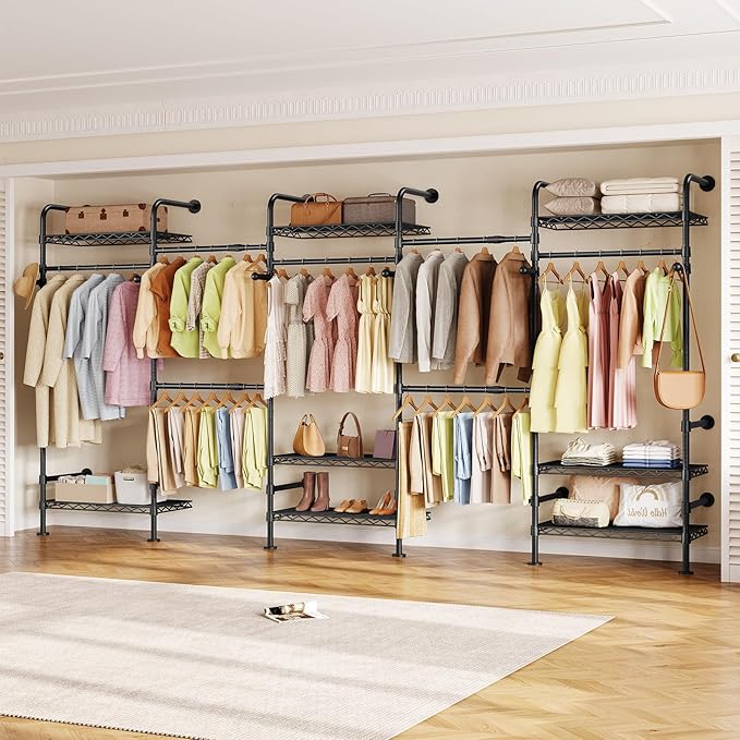 Closet Organizers and Storage, 5-Row Heavy Duty Clothes Rack for Hanging Clothes, Wall Mounted Closet System with 4 Telescopic Rods, 3 Fixed Rods, 6 Hooks, 8 Shelves for Wardrobe, Bedroom, Small Space