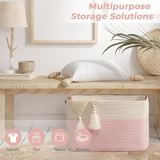 danpinera Woven Rectangle Storage Basket, Large Blanket Basket for Living Room,Kids Room, Storage Bin Box with Handle for Pillows, 22’’*17’’*11.8’’, 72L, White/Pink
