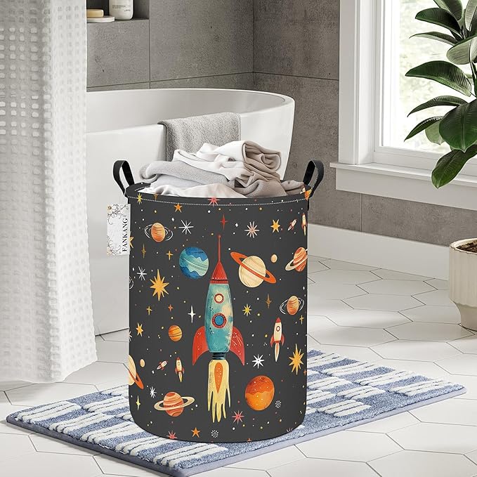 FANKANG Storage Basket, Nursery Hamper Canvas Laundry Basket Foldable with Waterproof PE Coating Large Storage Baskets for Kids Boys and Girls, Office, Bedroom, Clothes,Toys(Space rocket)