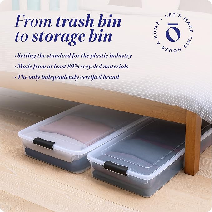HOMZ 2-Pack Under Bed Storage, Clear Plastic Containers with Lids, 60 Quart, Gray Latch - Stackable Underbed Organizer Bins for Shoes, Bags, Clothes, and Towels