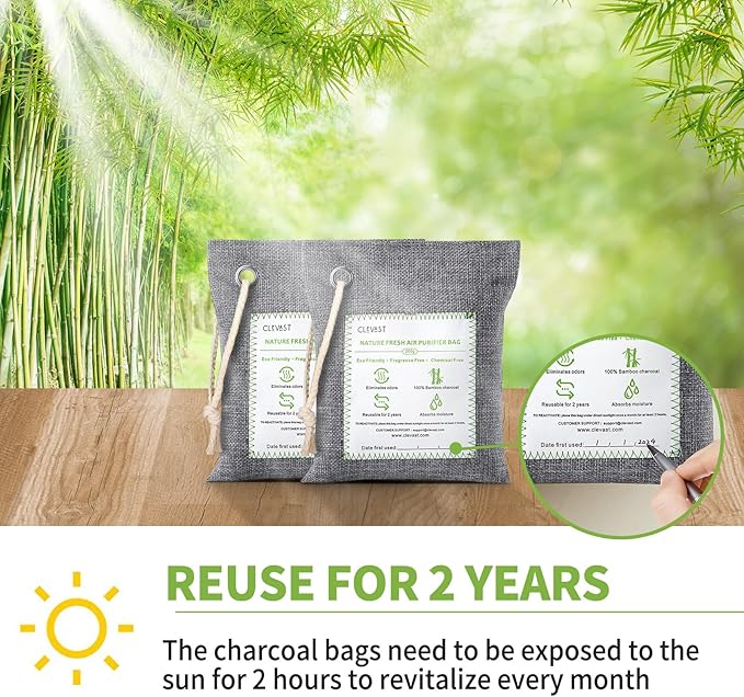 CLEVAST Bamboo Charcoal Air Purifying Bags - (Large, 4×200g), Removes Odors and Moisture, Nature Fresh Air Purifier Bags, Odor Eliminator for Home, Car, Pets, Bathroom, Basement