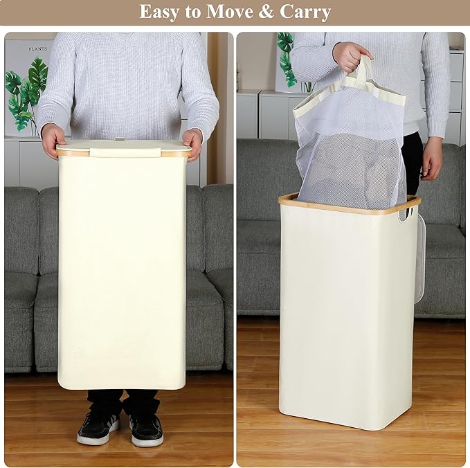 Laundry Basket with Lid, 110L Large Laundry Hamper with Handle and Lid, Collapsible Clothes Basket Organizer with Removable Inner Bag for Clothes Toys Towels - Beige