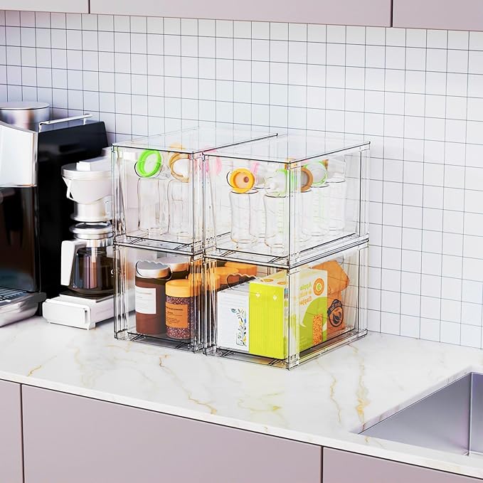 Yieach 2 Pack Baby Bottle Organizer for Countertop,Large Stackable Storage Bins Under The Sink,Acrylic Drawer Organizer and Baby Bottle Station Organization,Clear Plastic Drawer for Pump Parts Storage