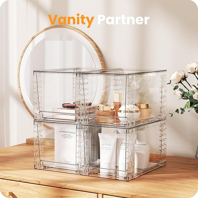 A-LuGei 【𝟰𝗣𝗖𝗦】 Acrylic Stackable Drawers, 11.8" L Makeup Organizer, Bathroom Organizer and Storage, Under Sink Organizer, Plastic Storage Bins
