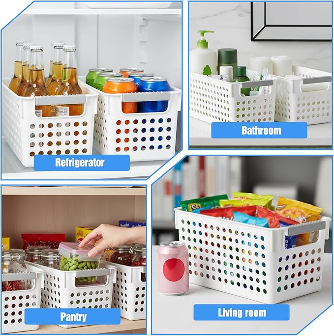 4 Pack Slim Plastic Storage Baskets with Handles,White Rectangular Small Plastic Baskets,Narrow Storage Bins for Organizing, Kitchen,Home,Office