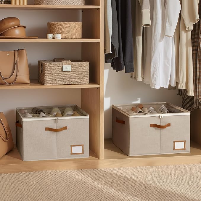 StorageWorks Shoe Oragnizer for Closet, 2 Pack Shoe Storage Cubes Holds Up to 16 Pairs, Space Saving Storage Boxes with Lid and Hanldes, Taupe