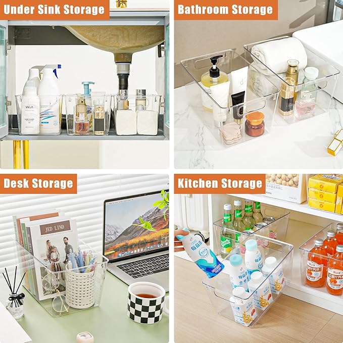 Freebat 6 Pack Large Clear Plastic Storage Bins,Plastic Containers with Handle for Pantry Organizer and Storage,Perfect for Kitchen,Fridge,Cabinet, Closet,Bathroom Under Sink Storage