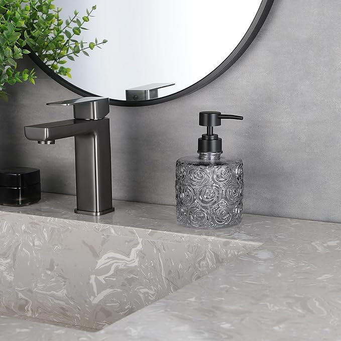 Marcella Glass Soap Dispenser with Soap Pump, Refillable 14 Ounce Capacity, Floral Design Rose Patterns, Heavy Weight Thick Glass for Bathroom, Premium Kitchen Soap Dispenser Gray