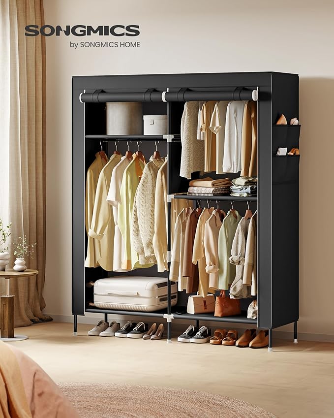 SONGMICS Portable Closet, Fabric Wardrobe, Clothes Rack with Shelves, Pockets, Large Capacity, 3 Hanging Rods, 50 x 17.7 x 70.9 Inches, Black URYG010BZ02