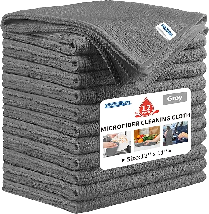 HOMERHYME Microfiber Cleaning Cloth, 12 Pack Grey Cleaning Rags,12" X 11" Lint Free Dish Towels Wash Cloths, Reusable Microfiber Towels for Home and Kitchen Bathroom Apartment Cleaning Supplies