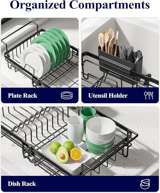 Kitsure Dish Drying Rack – Expandable in-Sink or Over-Sink Dish Rack for Kitchen Counter, Rust-Resistant Metal Dish Strainer with Cutlery Holder, 10.82"-17.12" L x 11.02" W x 3.93" H, Black