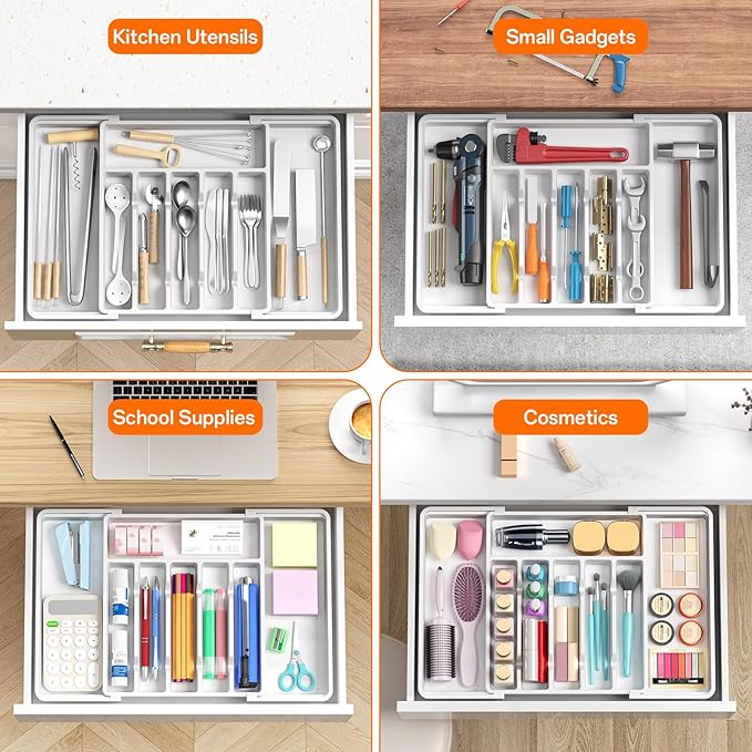 Large Silverware Organizer,Expandable Utensil Drawer Organizer,BPA Free Utensil Holder,Adjustable Silverware Tray Cutlery Drawer Organizer for Kitchen Flatware,Large,White (6-8 Slots)