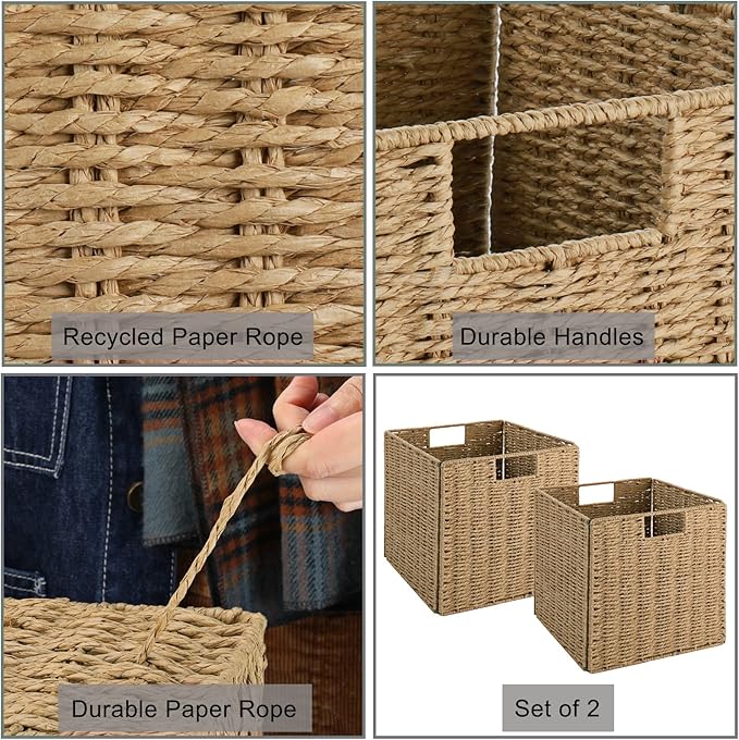 Vagusicc Wicker Storage Basket, Set of 2 Hand-Woven Storage Baskets for Shelves with Handles Foldable Cube Storage Baskets Bins, 9 inch Wicker Baskets for Pantry Bedroom Organizer &Decor, Natural