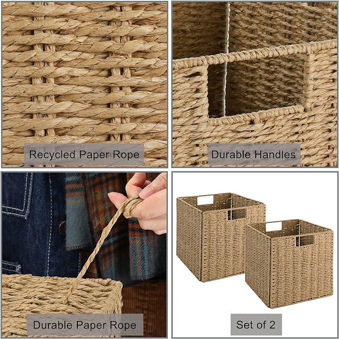 Vagusicc Wicker Baskets, Set of 2 Hand-Woven Storage Baskets for Shelves with Handles, Foldable Cube Wicker Storage Basket Bins Organizer 13 Inches Large Woven Baskets for Storage Organizing & Decor