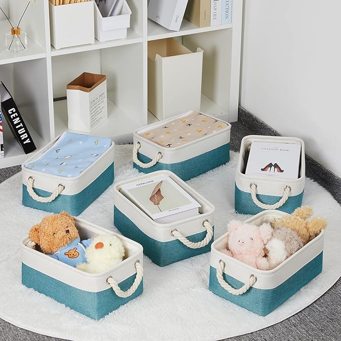 Bidtakay Fabric Baskets for Organizing Closet Set of 6 Small Storage Bins 11.8 X 7.8 X 5 Inches Decorative Storage Baskets for Shelves Foldable Bins for Cube Organizer Rectangular(White&Teal Blue)