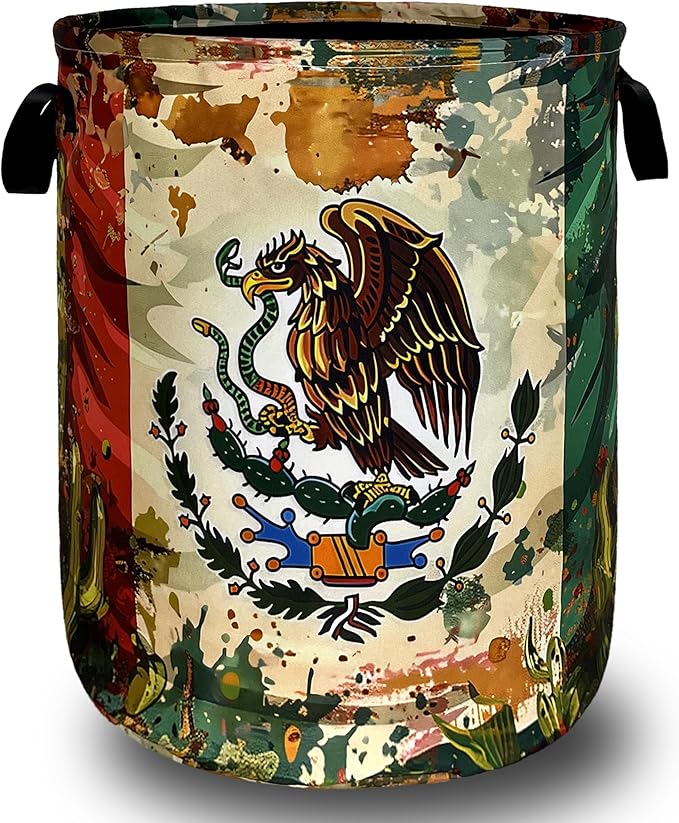 Mexican Flag Laundry Basket Retro Mexican Cactus Foldable Funny Laundry Hamper Oxford Cloth Colorful Tote Bag Clothe Toy Storage Bucket 18.9" x 16.5"For Bathroom/Laundry Storage/Bedroom