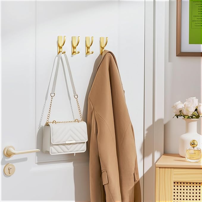 pickpiff Adhesive Wall Hooks for Towels - Sticky Hook Hanging Heavy Duty (13lb), Hanger for Door, Bathroom, Dorm, Closet - for Coats, Purse, Bag, Robe - No Damage to Wall - Gold 6 Pack