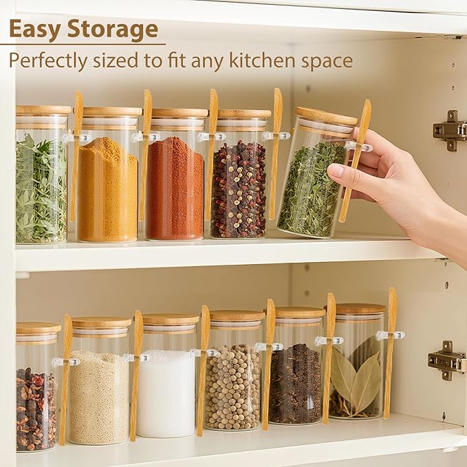 12 Pack 10 oz Round Glass Spice Jars with Lids and Spoons – Airtight Small Spice Containers Set with Labels, Clear Glass Storage Jars for Seasoning, Spices, Kitchen Pantry Organization