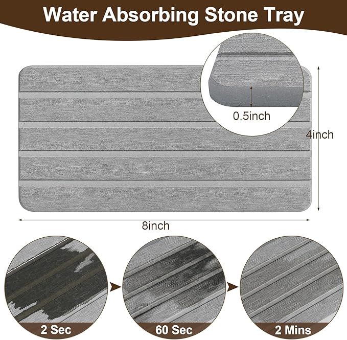 BJSNEIF Rolling Up Stone Bath Mat for Bathroom, Foldable with Absorbing Tray, Quick Drying, Non-Slip, Gray, 15.4x23.6 Inch, 2-Piece Set