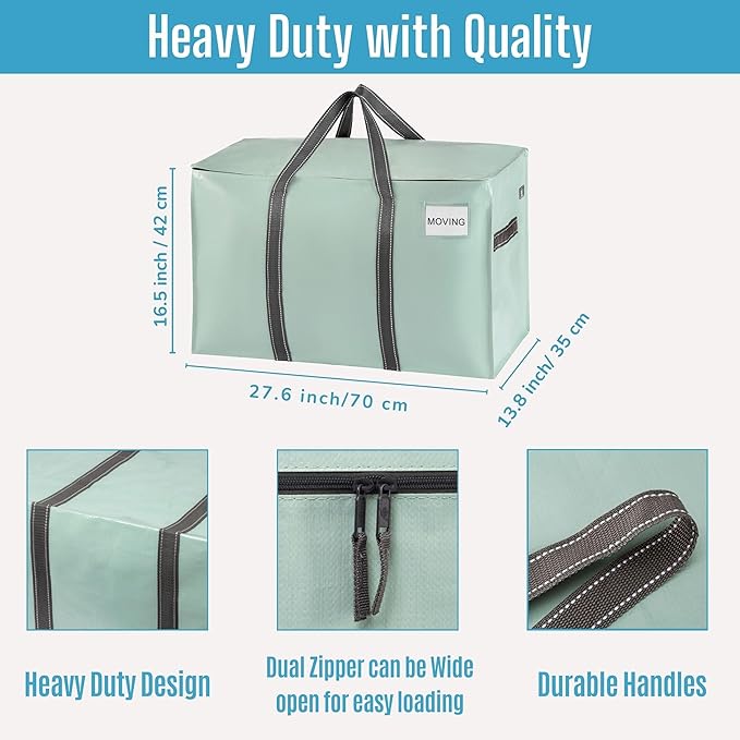 VENO 6 Pack Moving Bags and Large Christmas Storage Bins with lids. Alternative to Moving Boxes, Packing Supplies for College. Extra Large Heavy Duty Totes for Packaging (Shiny Light Green, 6 Pack)