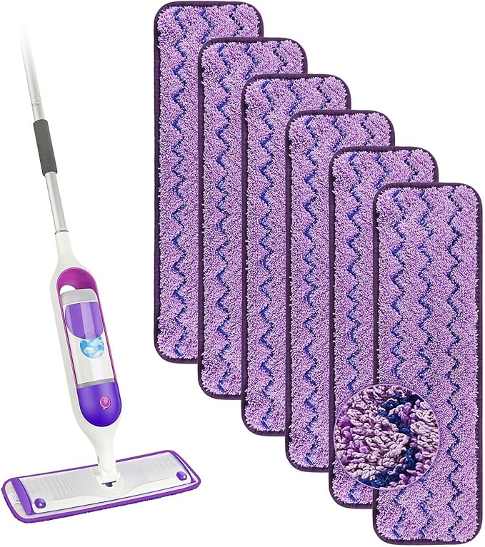 Panda Grip Purple Cloth 16.5 inch Mop Pads Refills 6 Pack Purple Cloth Microfiber Reusable Replacement Mop Pads Flat Replacements Heads for Wet Or Dry Floor Cleaning and Scrubbing,