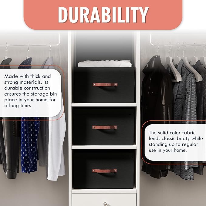 Ornavo Home 3 Pack Collapsible Storage Bins with Lid, Foldable Linen Fabric Shelf Storage Basket Closet Organizer and Large Storage Box for Clothes with Leather Handles, 16.5 x 11.8 x 7.5, Black