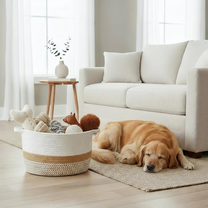 Stylish Cotton Rope Storage Basket For Dog Toys, Magazines or Books - The Perfect Woven Bin with Handles For Everyday Organization Reduces Clutter in Your Rooms - A Decorative Gift & Storage Box