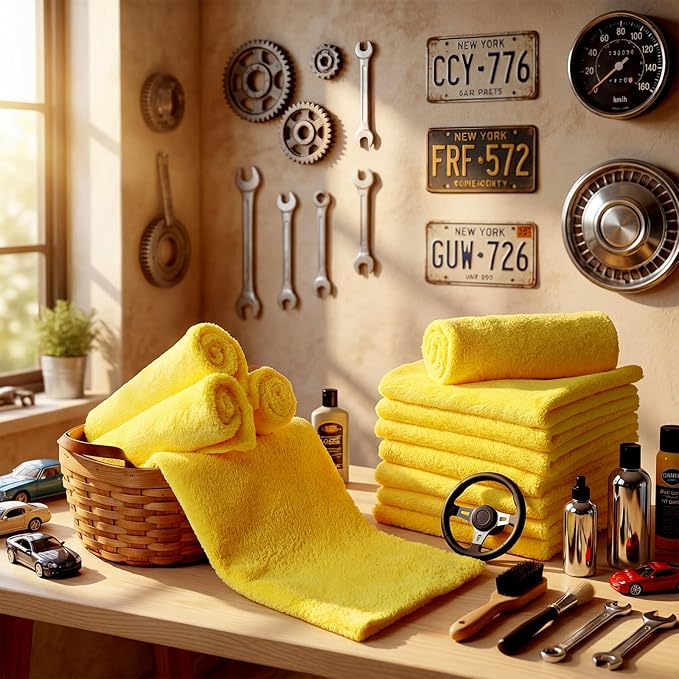 Shimeyao 30 Pcs 6 x 16 Inch Edgeless Microfiber Plush Towels for Cars Detailing Drying Wash Polishing Absorbent Cleaning Cloths, 500 GSM(Yellow)