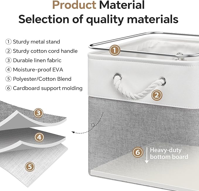 13x13 Inch Cube Storage Bins with Reinforced Bottom Cardboard, 6 Pack Large Foldable Fabric Storage Cubes with Handles for Shelf, Closet, Laundry Organization (White&Gray)