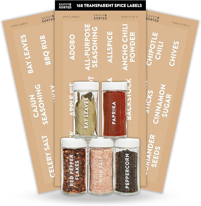 SAVVY & SORTED Spice Labels for Spice Jars, 168 Clear Spice Jar Label Stickers Seasoning Containers, Expiration Labels, Spice Organizer Herb Pantry Label