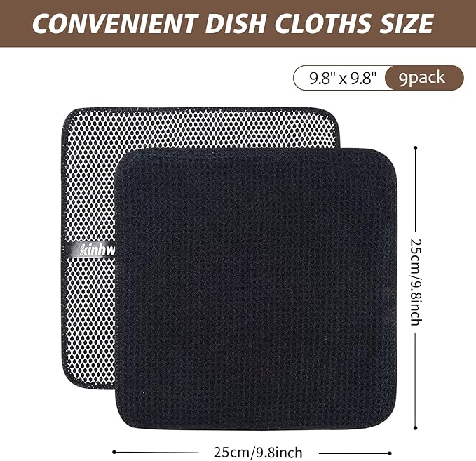 KinHwa Kitchen Washcloths for Dishes Absorbent Microfiber Dish Cloths Quick Dry Dish Rags with Poly Scour Scrub Side Ideal for Kitchen Cleaning (Dark-Black, 9inchx9inch 9 Pack)