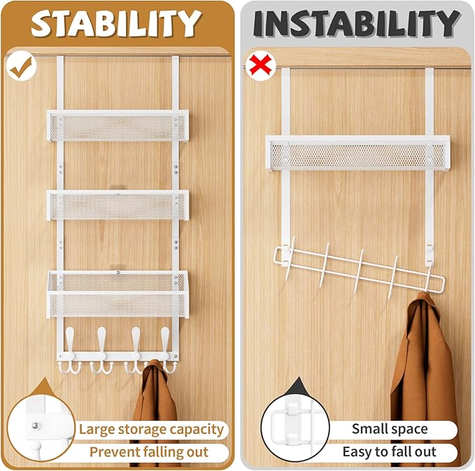 Kaiferty Over The Door Hooks Organizer, Coat Rack Over The Door Storage Hanger Towel Rack, Back of Door Storage Organizer for Bathroom,Bedroom,Kitchen,Office (White, 4-Tier)