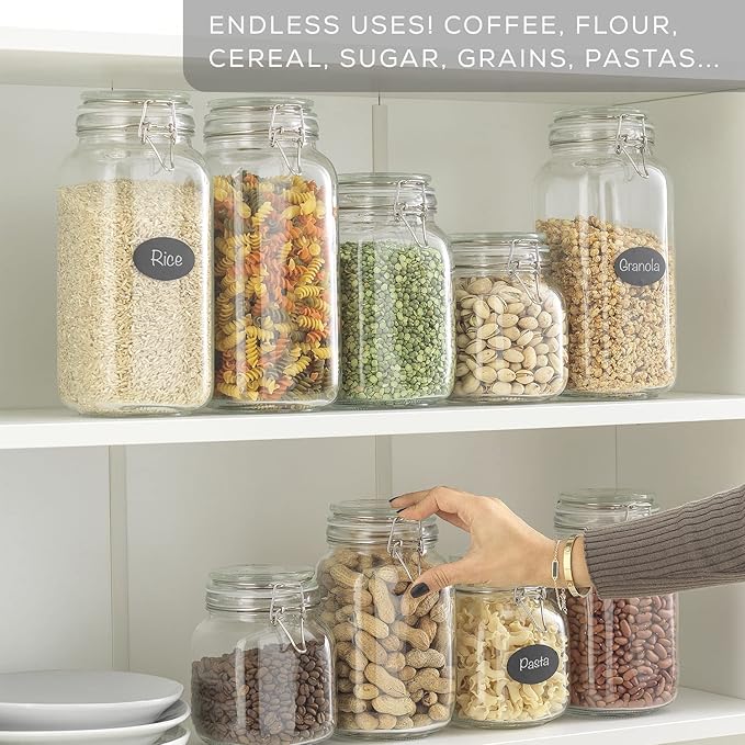 Airtight Glass Jars with Lids Set of 3. 78oz Glass Jar with Lid and 6 Silicone Seals! Large Glass Food Storage Containers. Square Mason Jar for Candy, Flour, Pasta Containers for Pantry