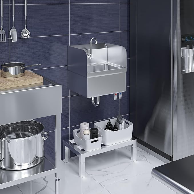 Stainless Steel Wall-Mounted Hand Sink with Hands-Free Double Knee Valves, Faucet, and Side Splash Guards, 17 in x 15 in