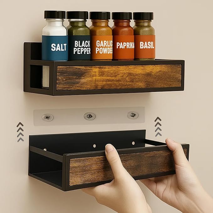 Wall Mount Spice Rack Large capacity Extra Wide,2 Pack Ironwood Spice Organizer shelf for Rustic, Industrial and Modern Kitchens,Quick Adhesive Strips and Screws for Mounting (Engineered Wood)