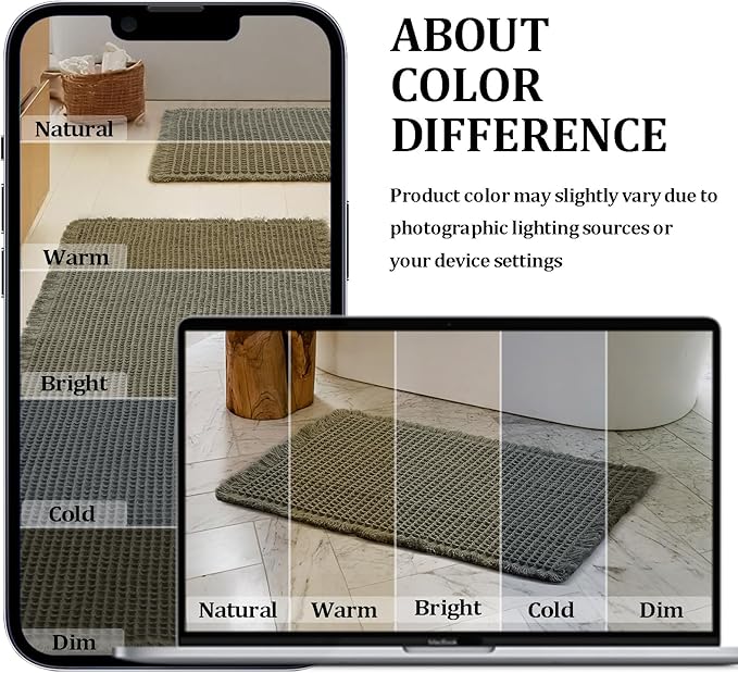 JIUZHEN Upgraded Waffle Bath Mat Non Slip Bath Rug with Rubber Backing Machine Washable Bathroom Mats with Tassels Super Absorbent Quick-Drying Waffle Mat for Bathroom, 20" x 32", Olive Green