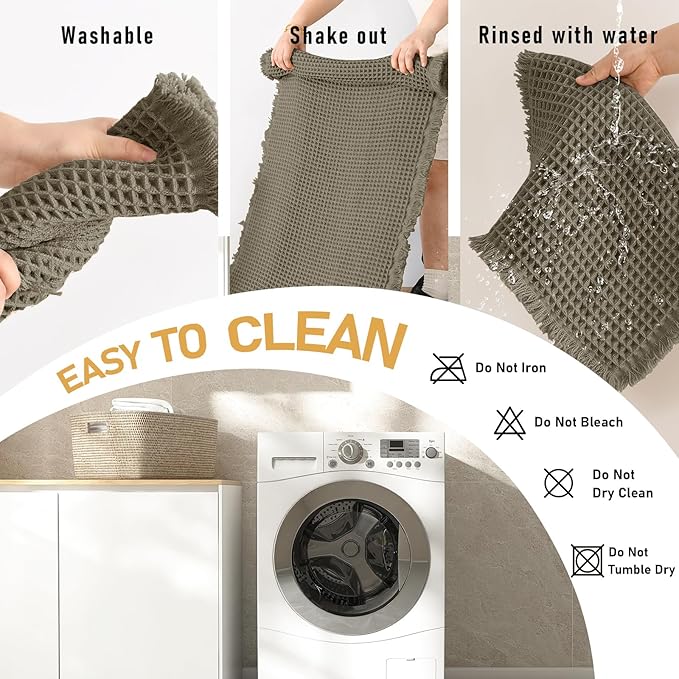JIUZHEN Set of 2 Waffle Bath Mats Non Slip Waffle Bathroom Runner Rug Washable Boho Runner Bath Rugs Super Absorbent Shower Mat for Bathroom Kitchen Hallway Laundry, 20" x 32" +24" x 60", Olive Green