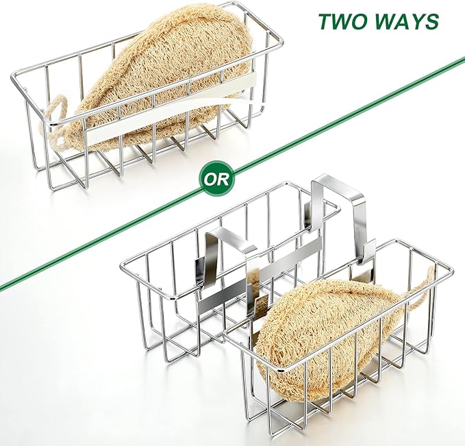 2 Pieces Sponge Holder Kitchen Sink Caddy Metal Sink Organizer Basket for Scrubber Soap Towel Brush Dishwashing Liquid Drainer Rack in Kitchen Bathroom Bathtub, Silver