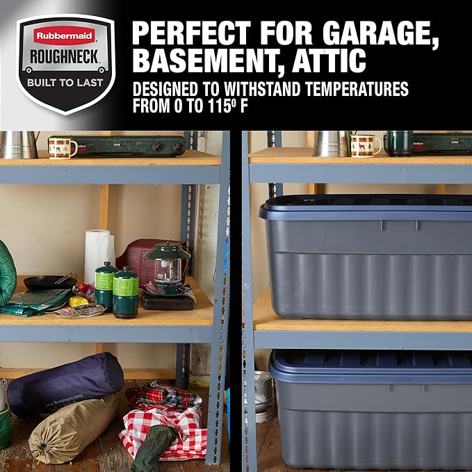 Rubbermaid Roughneck️ 50 Gallon Storage Totes, Durable, Stackable Storage Containers with Lids, Great for Home, Office, and Garage Organization, Grey Base and Dark Indigo Metallic Lid, Pack of 2, Grey and Dark Indigo Metallic, 50 Gal - 2 Pack