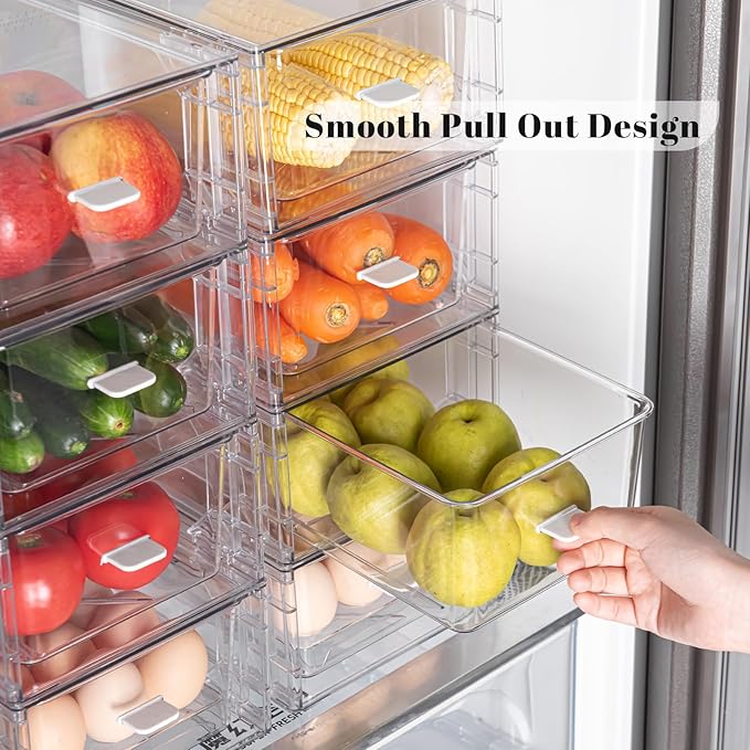 4 Pack Stackable Storage Drawers, Plastic Clear Organizer Bins with Handles for Undersink, Kitchen Cabinet, Fridge, Closet, Pantry, Office, Bathroom