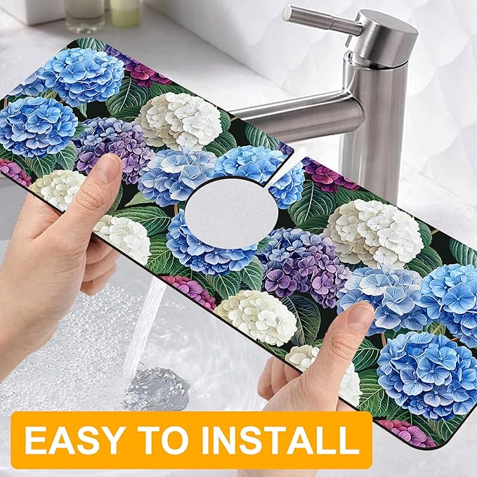 2 Pack Vintage Hydrangea Sink Faucet Absorbing Mat Colorful Hydrangeas Super Absorbent Fast Drying Mat Sink Gadgets Behind Faucet Sinkmat for Kitchen Bathroom, 15.5"x5.5"