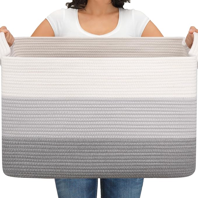 OIAHOMY Extra Large Blanket Basket, 95L Woven Storage Basket, Cotton Rope Toy Bin for Baby Room, Container for Storage in Living Room, 24''×17''×14'', Gradient Grey