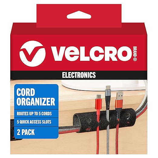 VELCRO Brand Cord Organizer for Desk & Nightstand, Valentine’s Gift for Him, 5 Cable Slots with Sleeve Routing, Adhesive Wire Holder for Cord Management, Home, Office & Gaming, Black 2 Pack