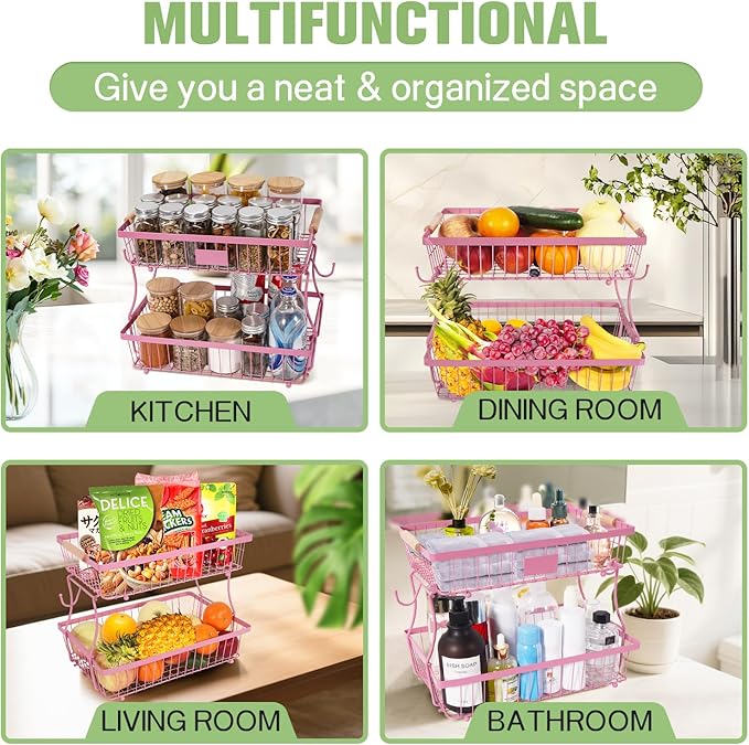 Fruit Basket Bowl 2 Tier Detachable with 2 Banana Hangers, Fruit Stand Holder for Kitchen Countertop, Metal Wire Vegetable Storage Organizer, for Bread Snack Veggies Produce, pink