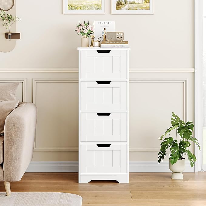 FOTOSOK Bathroom Storage Cabinet, Bathroom Cabinet with 4 Drawers, 11.8” x 11.8” x 32.5” Freestanding Entryway Cupboard Storage Organizer Unit Home Furniture Decor, White